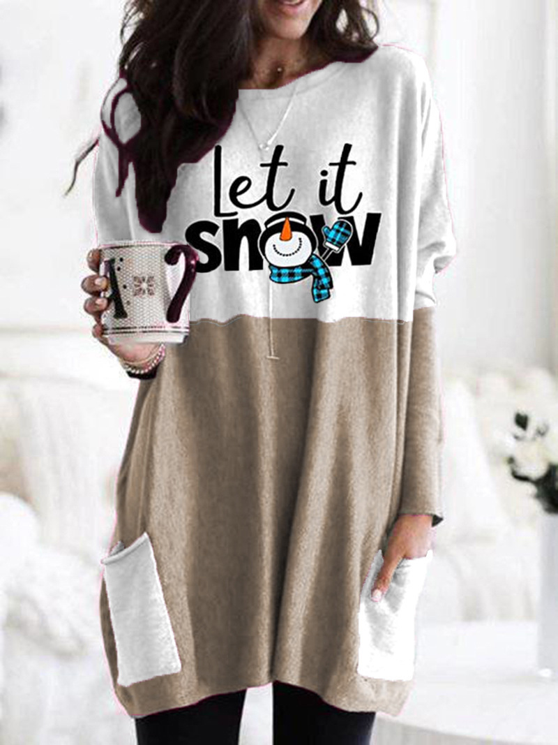 Christmas Letter Snowman Print Crewneck Long-Sleeve T-Shirt