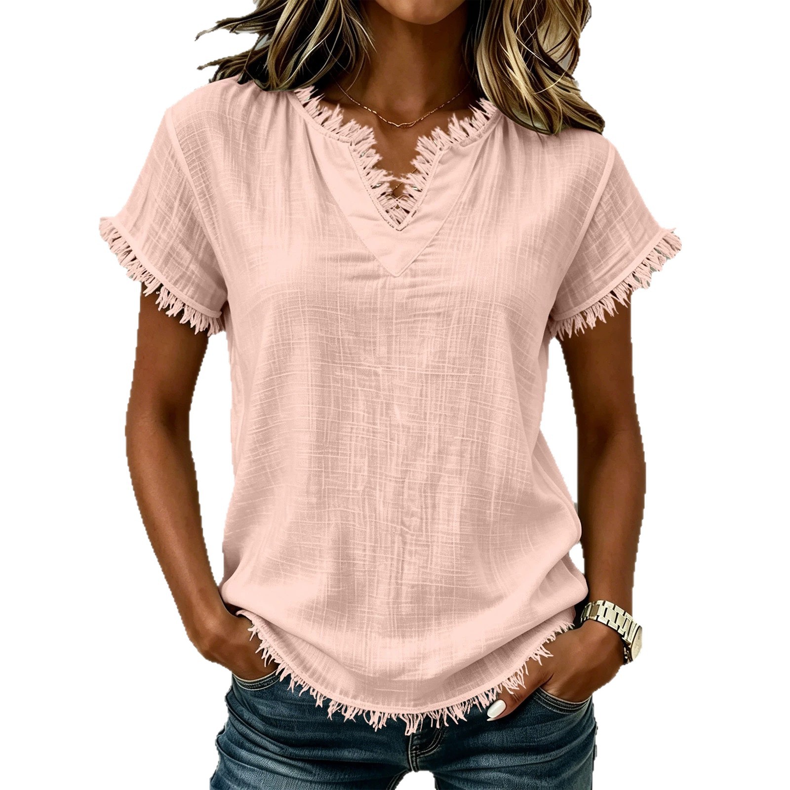 Women's Retro V-Neck Fringe Short Sleeve Top