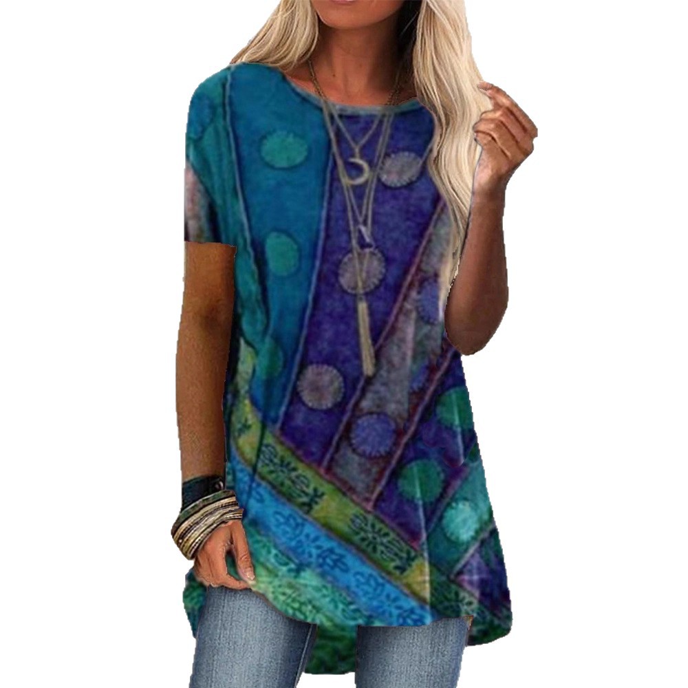 Women's Color-Block Striped Polka Dot Crewneck Short Sleeve Top