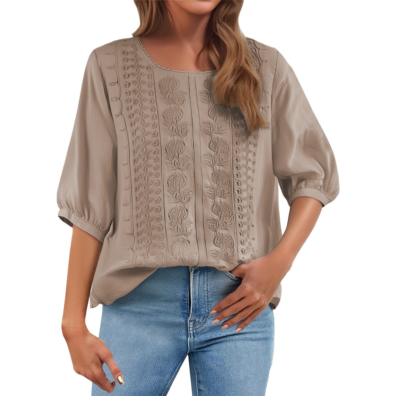 Embroidered Loose Cotton-Linen T-Shirt Women's Retro Round Neck Short Sleeve