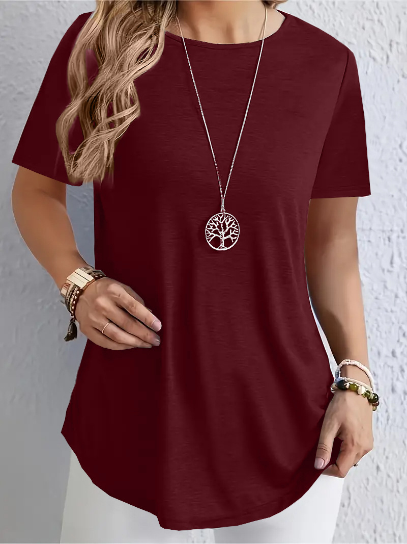Women's Curved Hem Button Short Sleeve Top