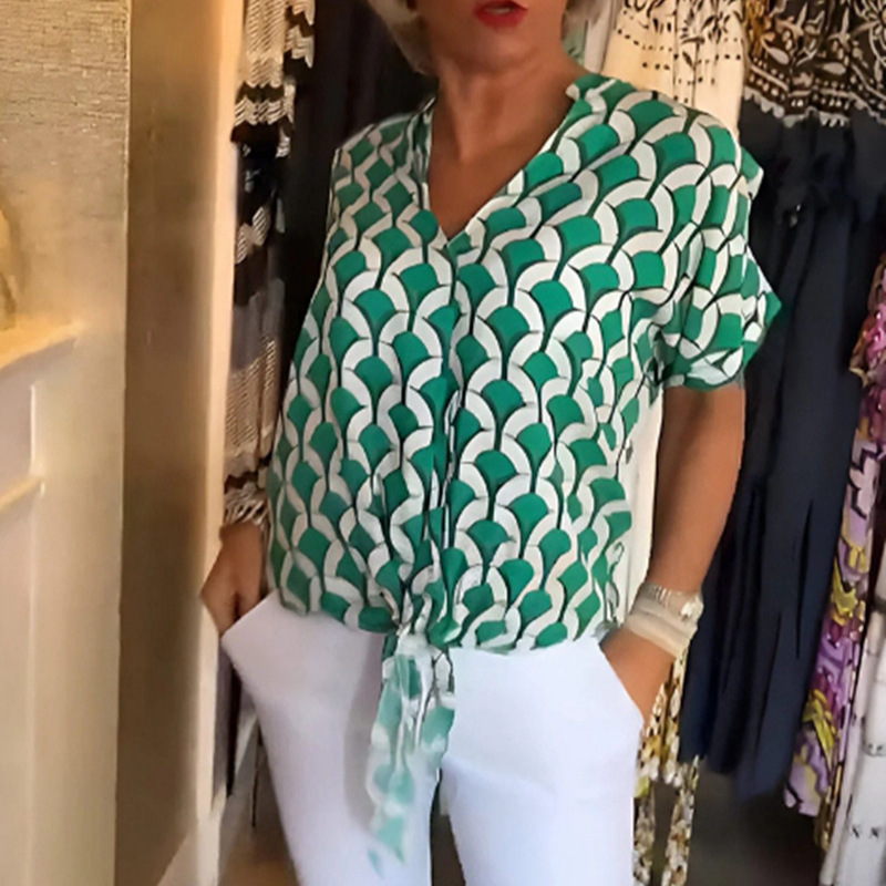Elegant Printed V-Neck Short Sleeve Top
