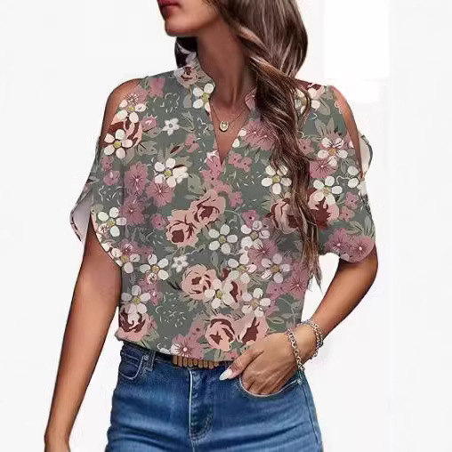 Women's Printed V-Neck Cold-Shoulder Blouse