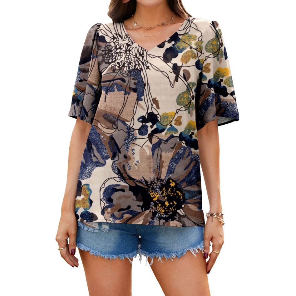 Women's Loose V-Neck Ruffle Sleeve Casual Top