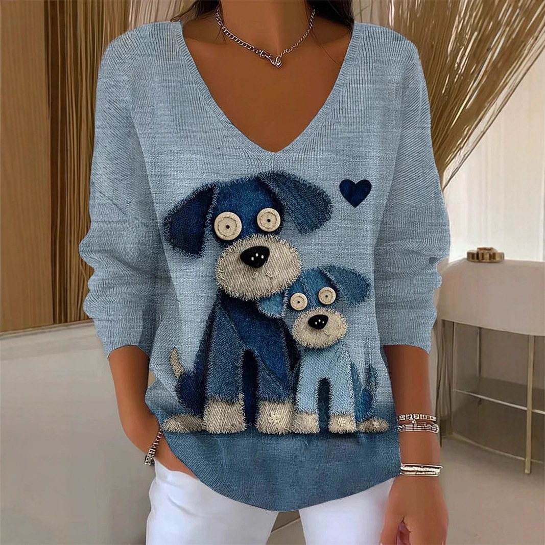 Cute Cartoon Puppy Print V-Neck Long-Sleeve Women's T-Shirt