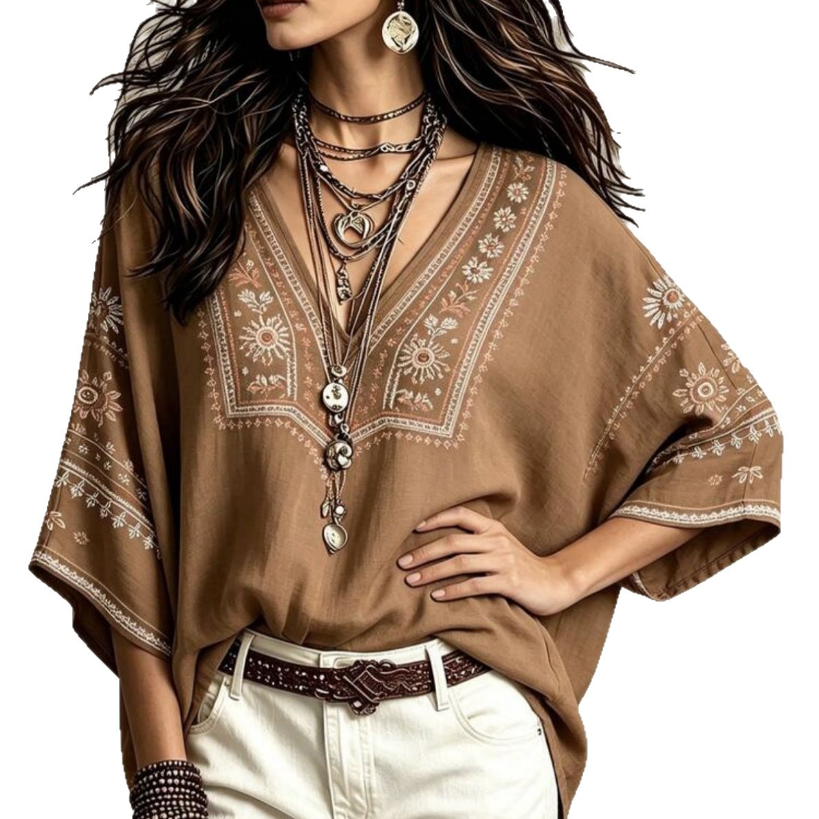 Women's Loose V-Neck Geometric Print Casual Shirt