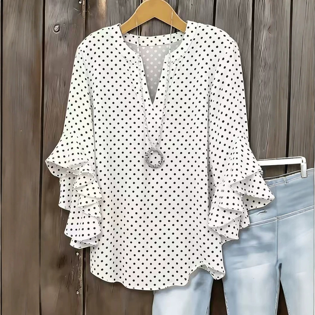 Polka Dot Print V-Neck Half-Sleeve Women's T-Shirt