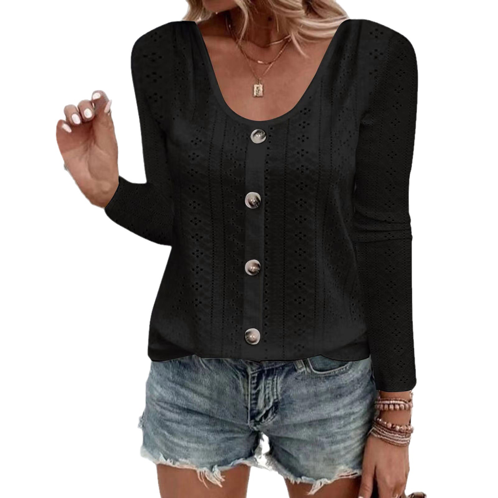 Women's Round Neck Loose Single-Breasted Long-Sleeve Top