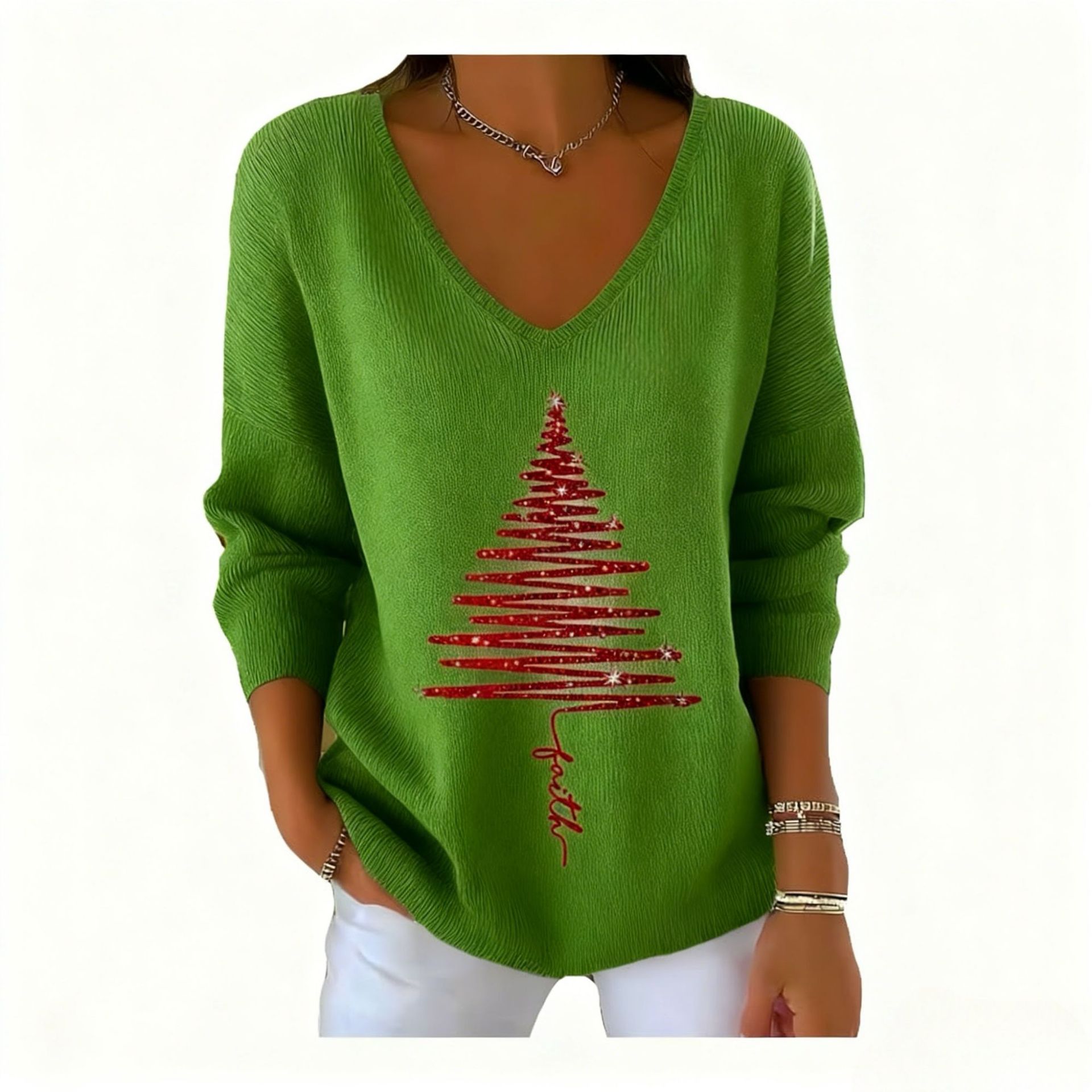 Women's V-Neck Long Sleeve Book & Christmas Tree Print T-Shirt