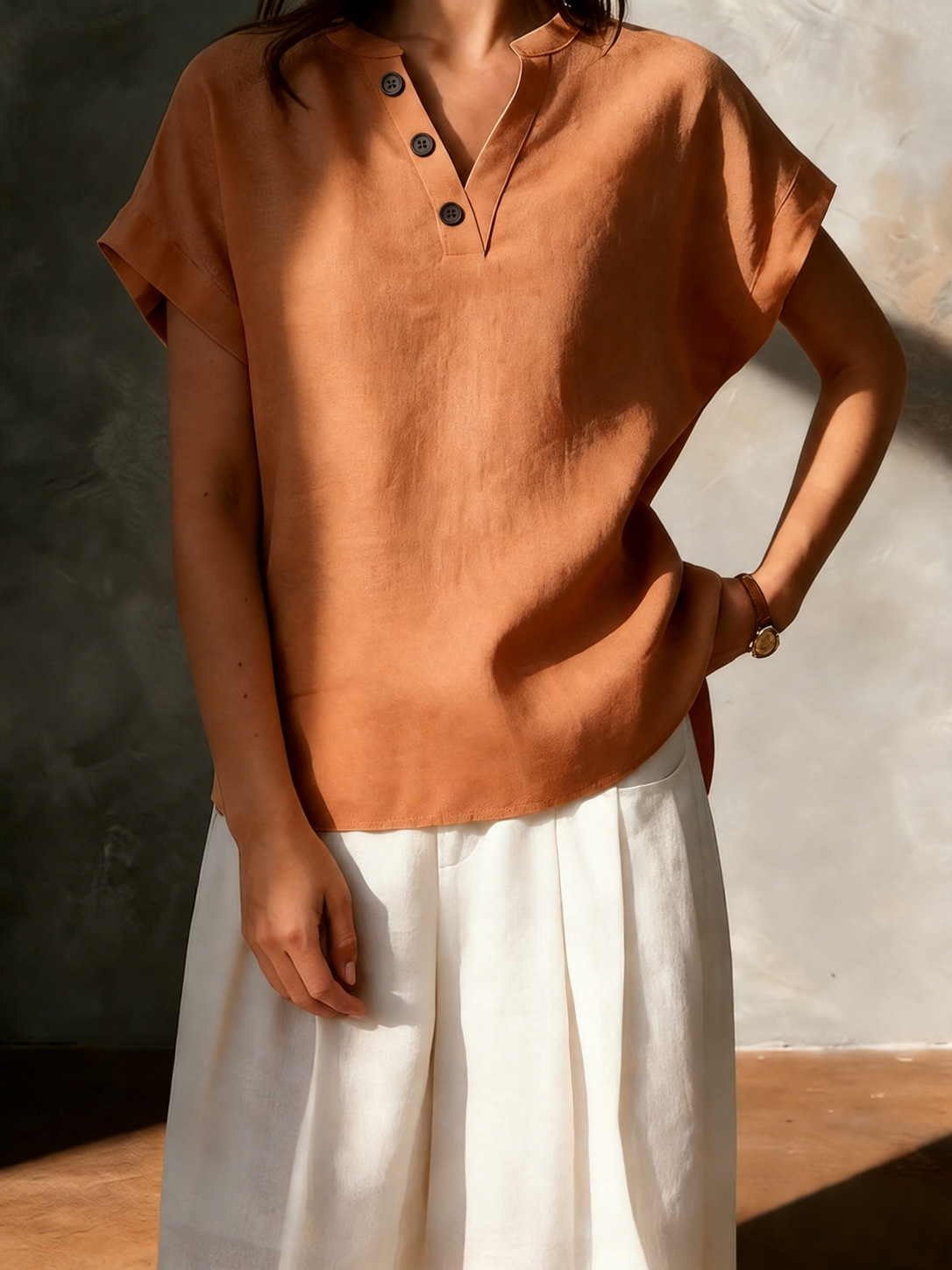 2026 New Cross-Border Women's Fashion Foreign Trade European and American Cotton-Linen High-End Feel Women's V-Neck Button Short-Sleeve Solid Color Shirt