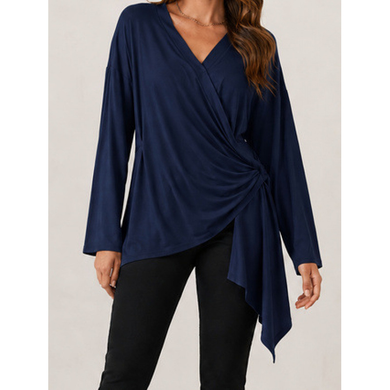 Women's Tie-Front Solid V-Neck Long Sleeve Casual Top
