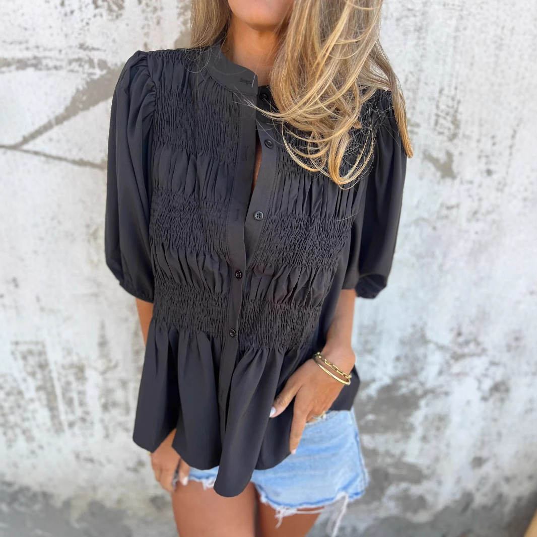 Women's Solid Crewneck Button-Down Smocked Short-Sleeve Blouse