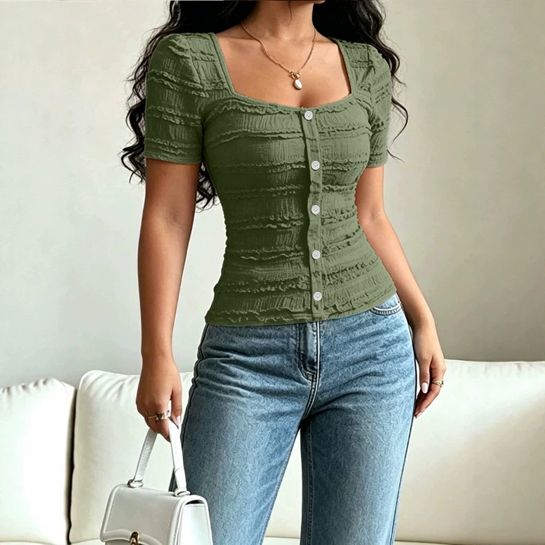 Women's Casual Solid Color Button Square Neck Short Sleeve T-Shirt