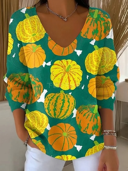 Colorful Leaf Striped V-Neck Long-Sleeve T-Shirt for Women