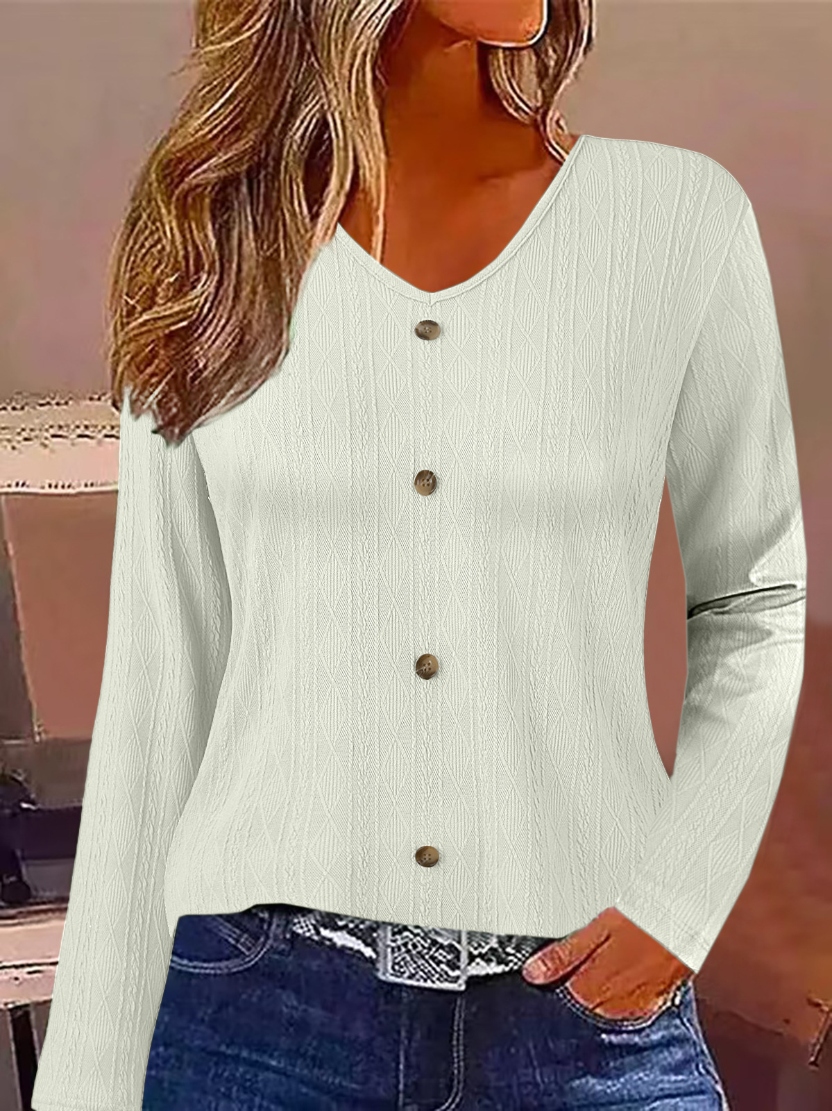 Women's V-Neck Long Sleeve Top Casual Loose Fit