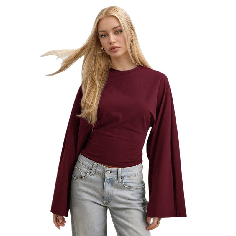 Women's Solid Crewneck Long Sleeve Cinched Waist Casual Top