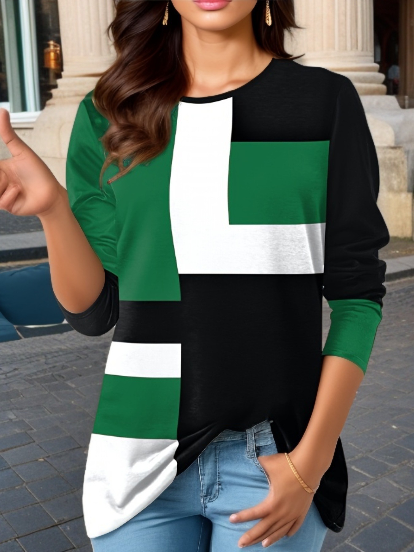 Geometric Color-Block Long-Sleeve T-Shirt