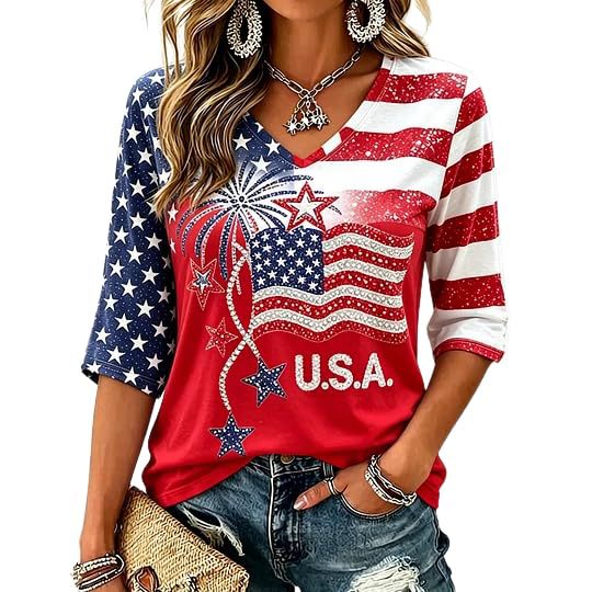 American Flag Star Print V-Neck Long Sleeve T-Shirt for Women