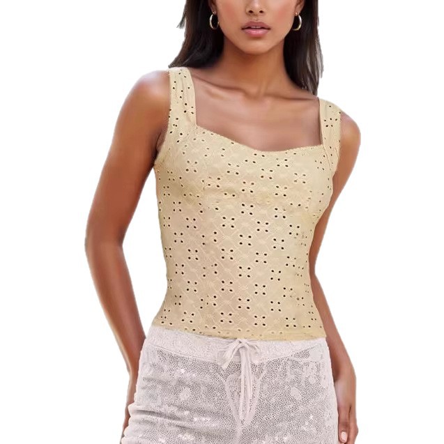 Solid Embroidered Cutout Jacquard Slim Fit Tank Top Women's Beach Casual