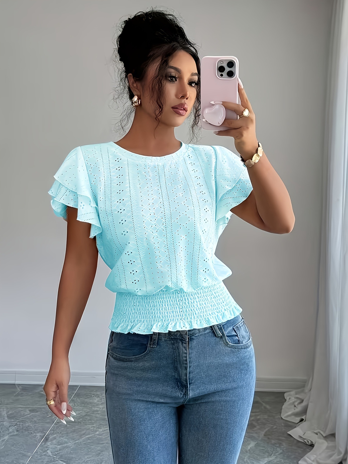 Women's Hollow-Out Ruffle-Sleeve Crewneck Short-Sleeve T-Shirt