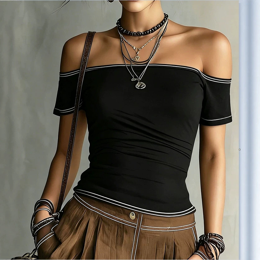 Women's Off-Shoulder One-Line Neck Crop Top Short Sleeve T-Shirt