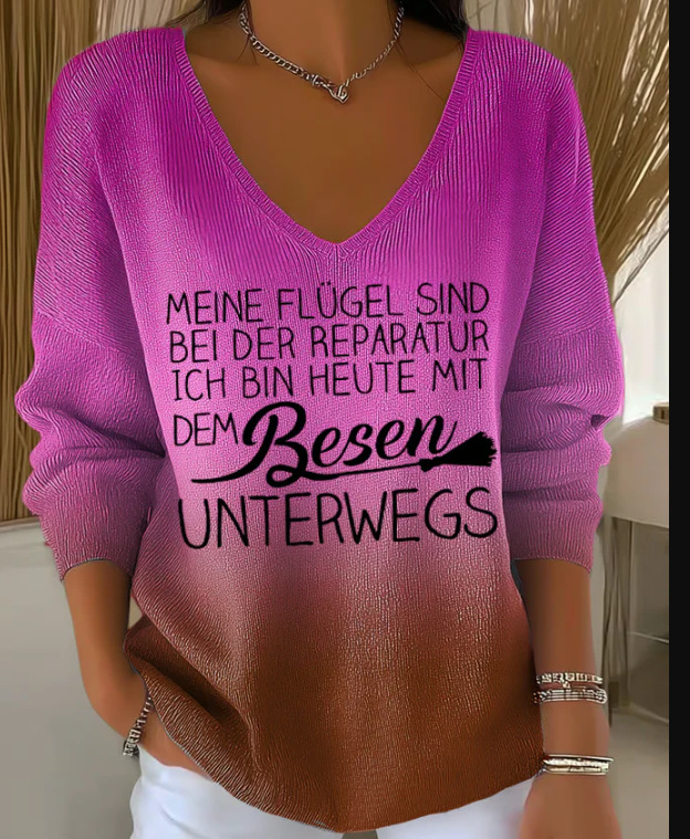 Women's Fruit Letter Valley Print V-Neck Long-Sleeve T-Shirt