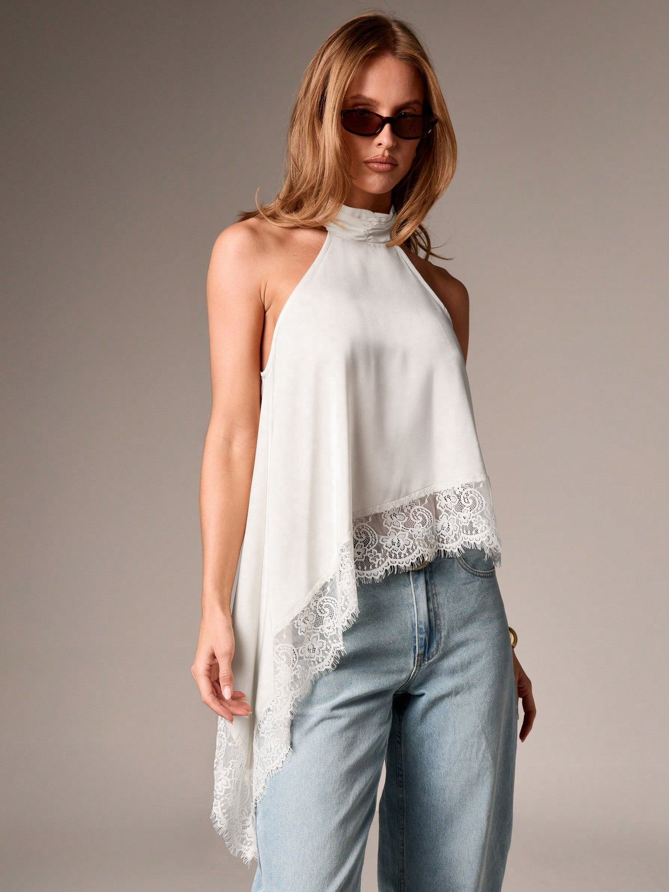 Sexy Halter Lace Top with Asymmetrical Hem and Open Back