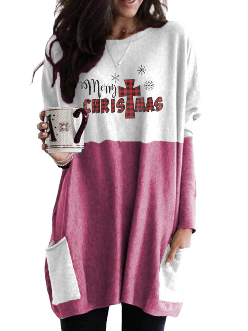 Women's Long Sleeve Color Block Pocket Loose Crewneck T-Shirt