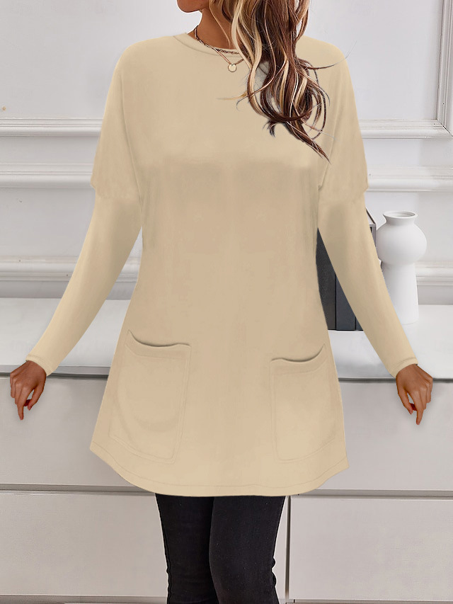 Women's Crewneck Long Sleeve Pocket Loose Casual Top T-Shirt