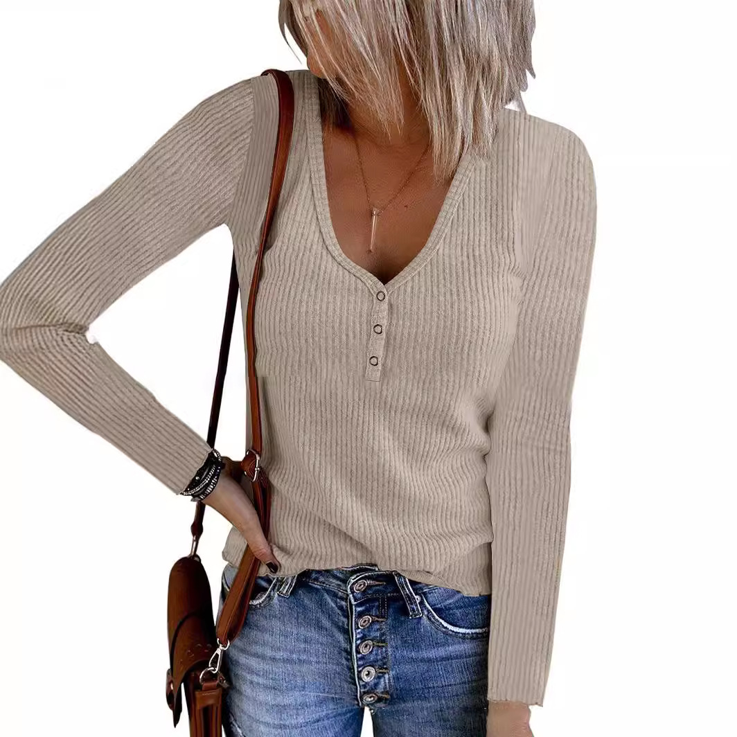 Women's V-Neck Button Long-Sleeve Solid Color T-Shirt