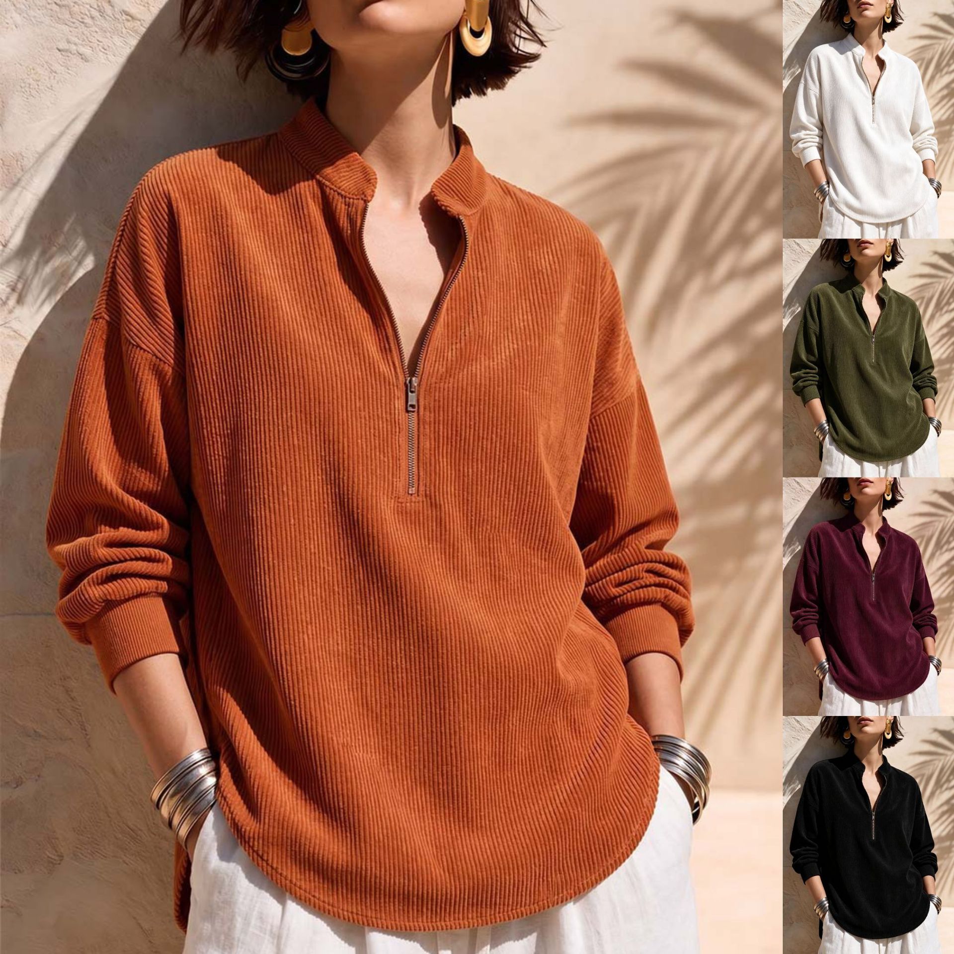 Women's Corduroy Zip-Up Stand Collar Long Sleeve Loose Casual Top