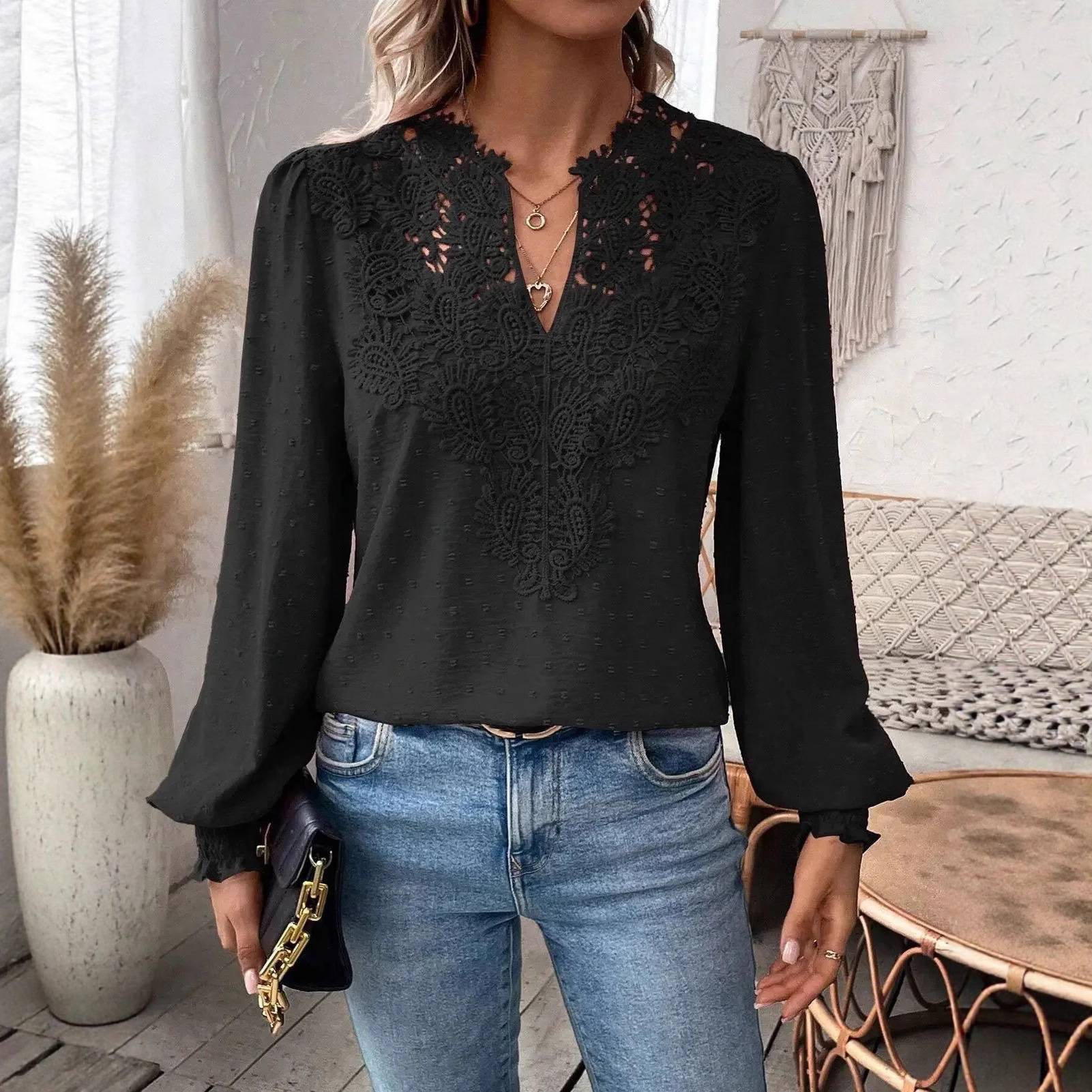 V-Neck Lace Long Sleeve Casual Top
