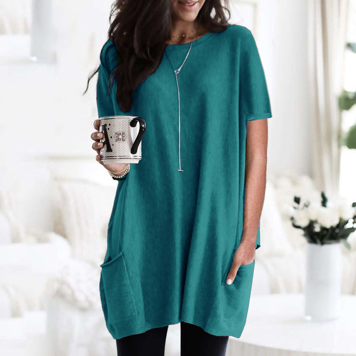 Women's Long Sleeve Pocket T-Shirt Casual Loose Fit Crew Neck Top