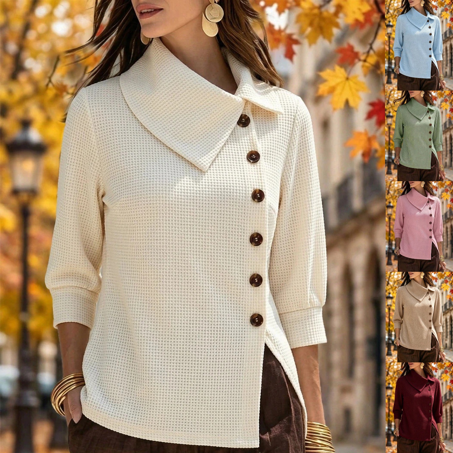 Waffle Knit Collared Asymmetric Button 3/4 Sleeve Loose Women's Top
