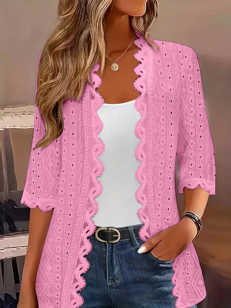 Women's Mid-Sleeve Open-Knit Cardigan with Hollow-Out Lace Collar