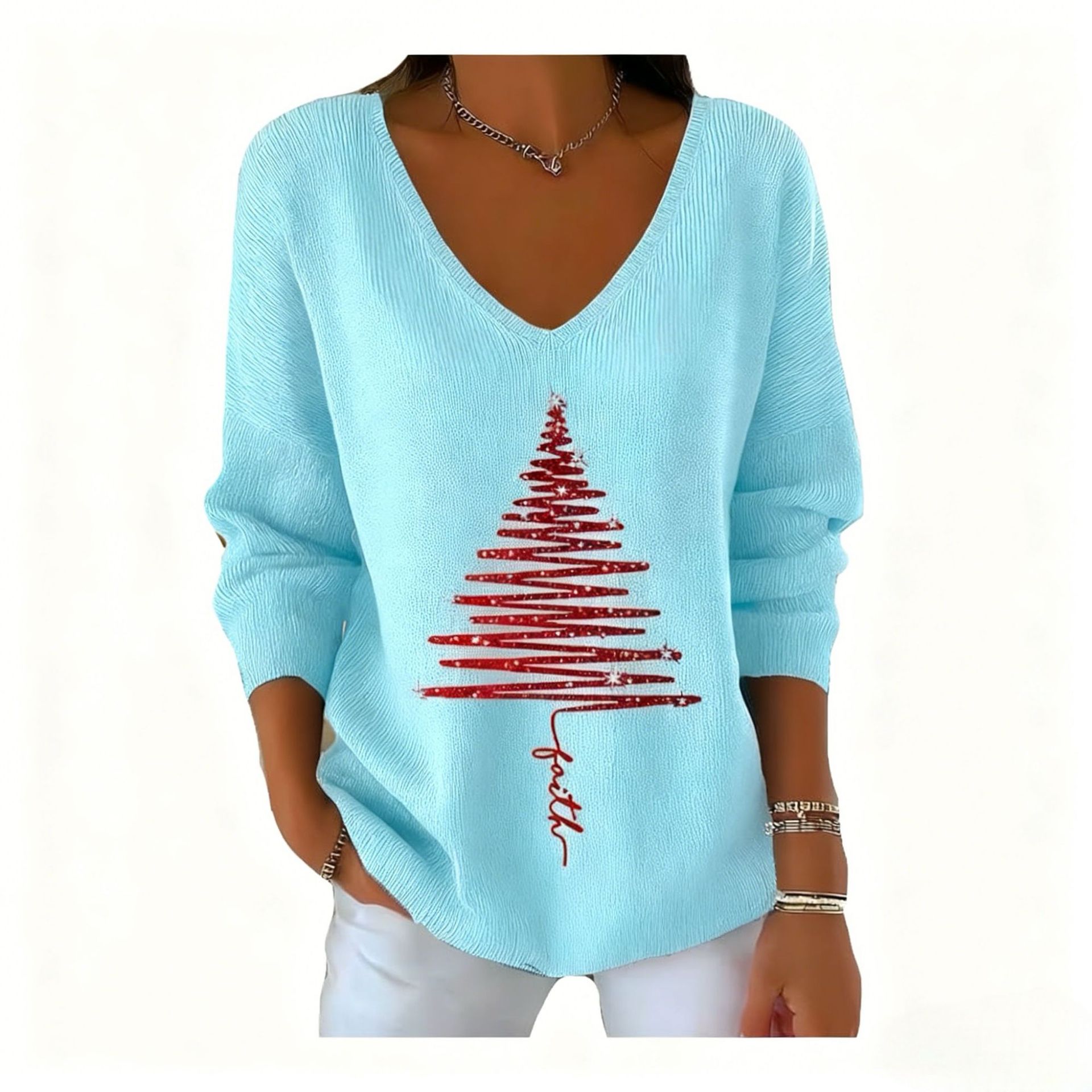 Women's V-Neck Long Sleeve Book & Christmas Tree Print T-Shirt