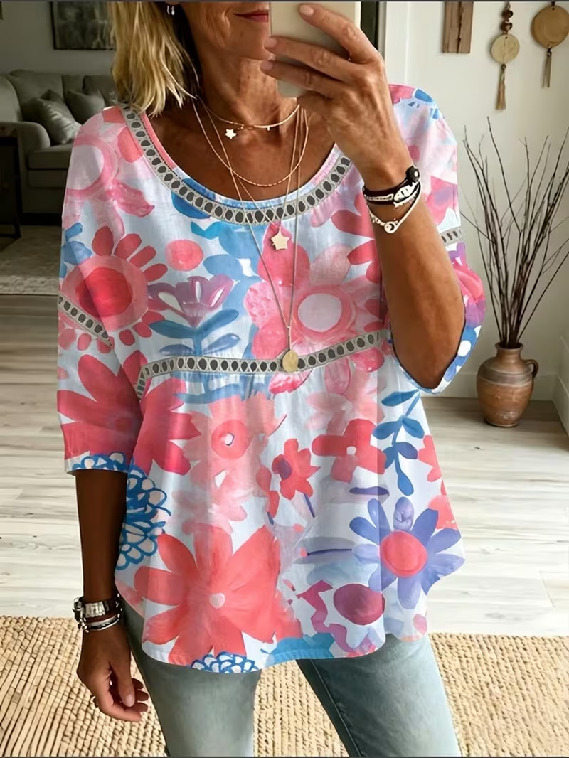 Plaid Floral Star Print Long Sleeve Women's Top
