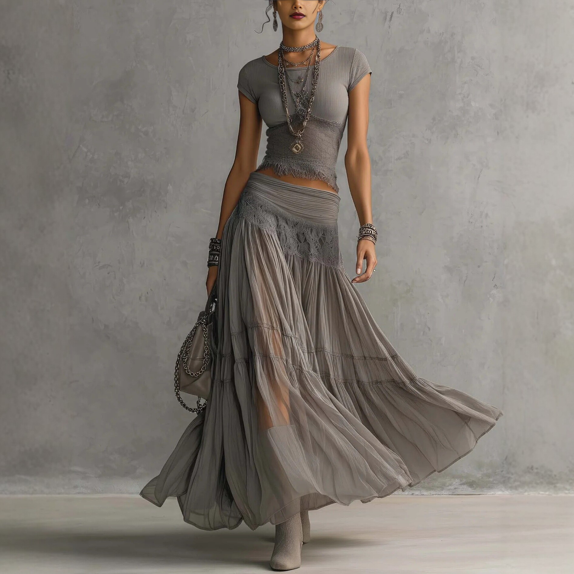 Gray Knit Top and Chiffon Maxi Skirt Two-Piece Set