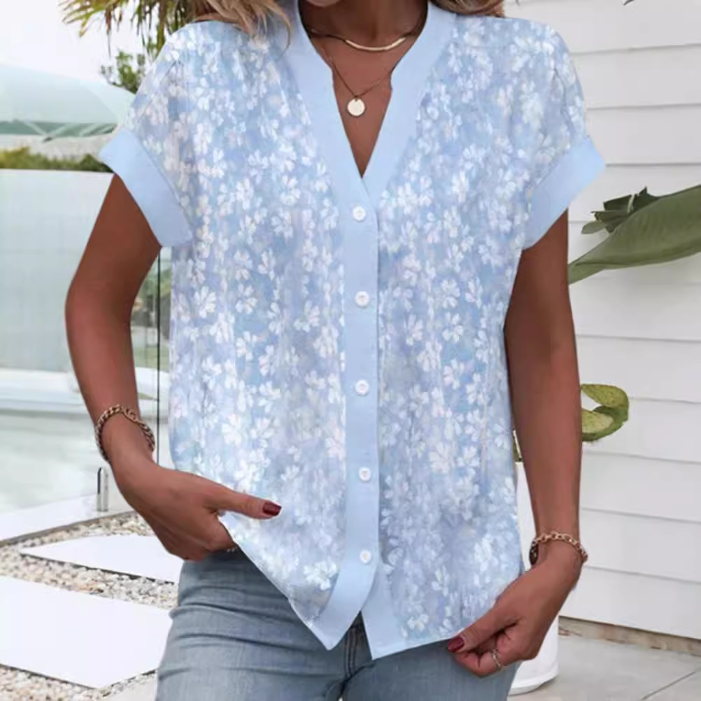 Floral Print V-Neck Short Sleeve Button Top