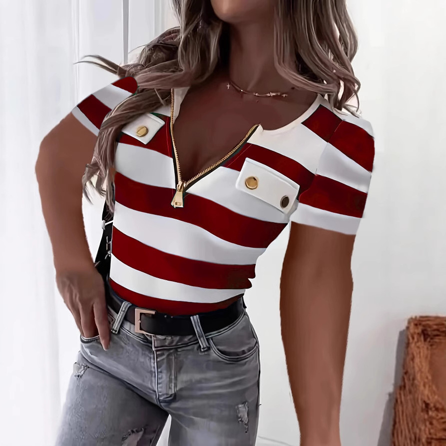 Striped Notched V-Neck Short-Sleeve Women's Top
