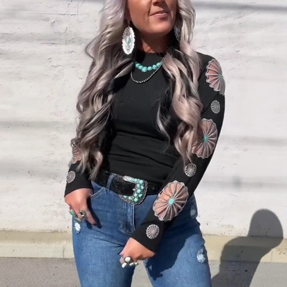 Women's Embroidered Cutout Crewneck Long Sleeve Top