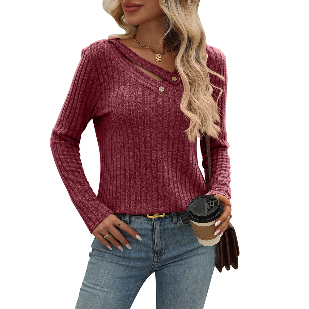 Women's V-Neck Button Knit Top Long Sleeve Slim Fit T-Shirt