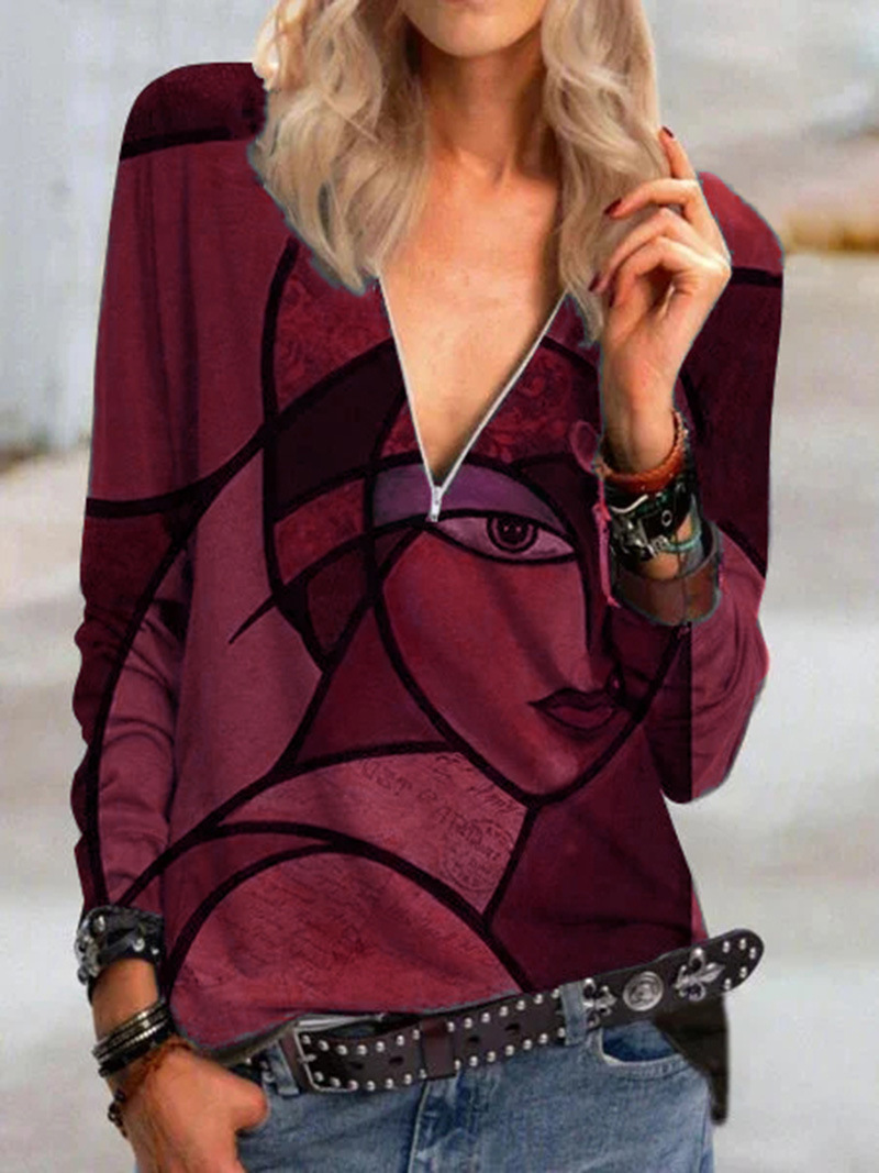 Women's Printed Long Sleeve Zip V-Neck T-Shirt