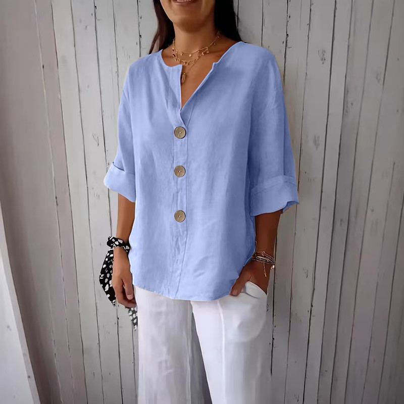 Women's Loose V-Neck Button Cotton-Blend T-Shirt