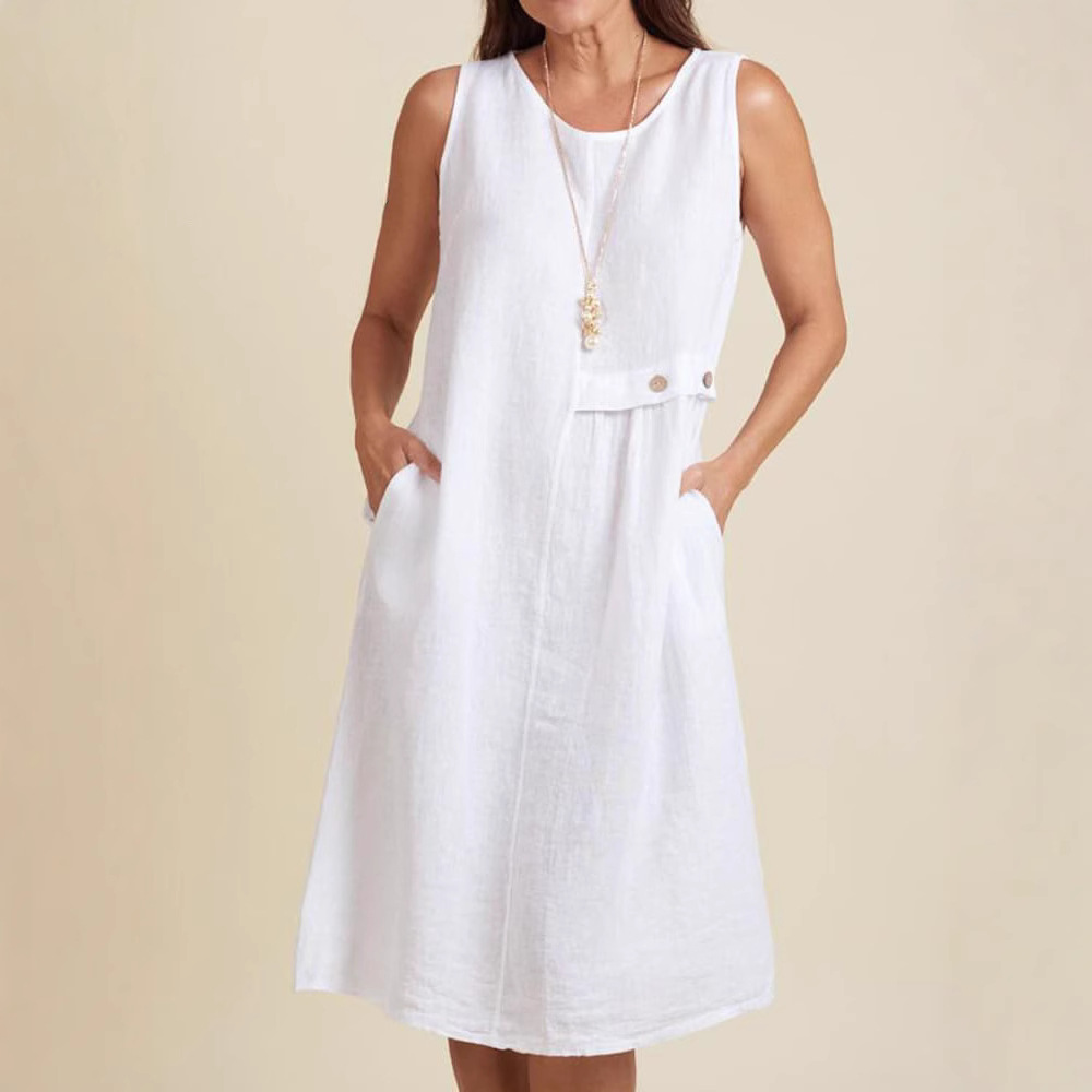 Women's Sleeveless Cotton-Linen Dress with Button Pocket Round Neck