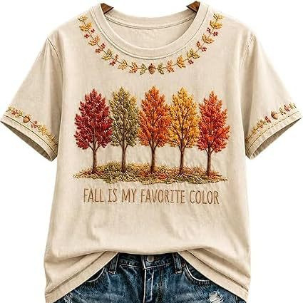 Summer Tree Letter Maple Leaf Print Short Sleeve T-Shirt