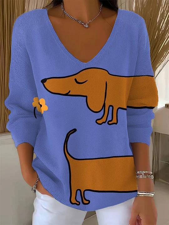 Cute Cartoon Puppy Print V-Neck Long-Sleeve Women's T-Shirt