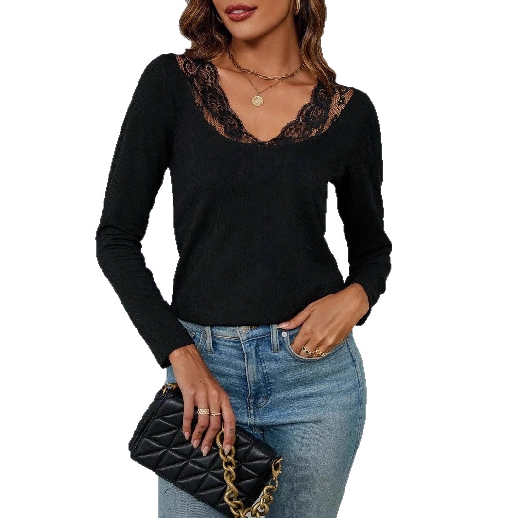 V-Neck Long Sleeve Lace Trim Top