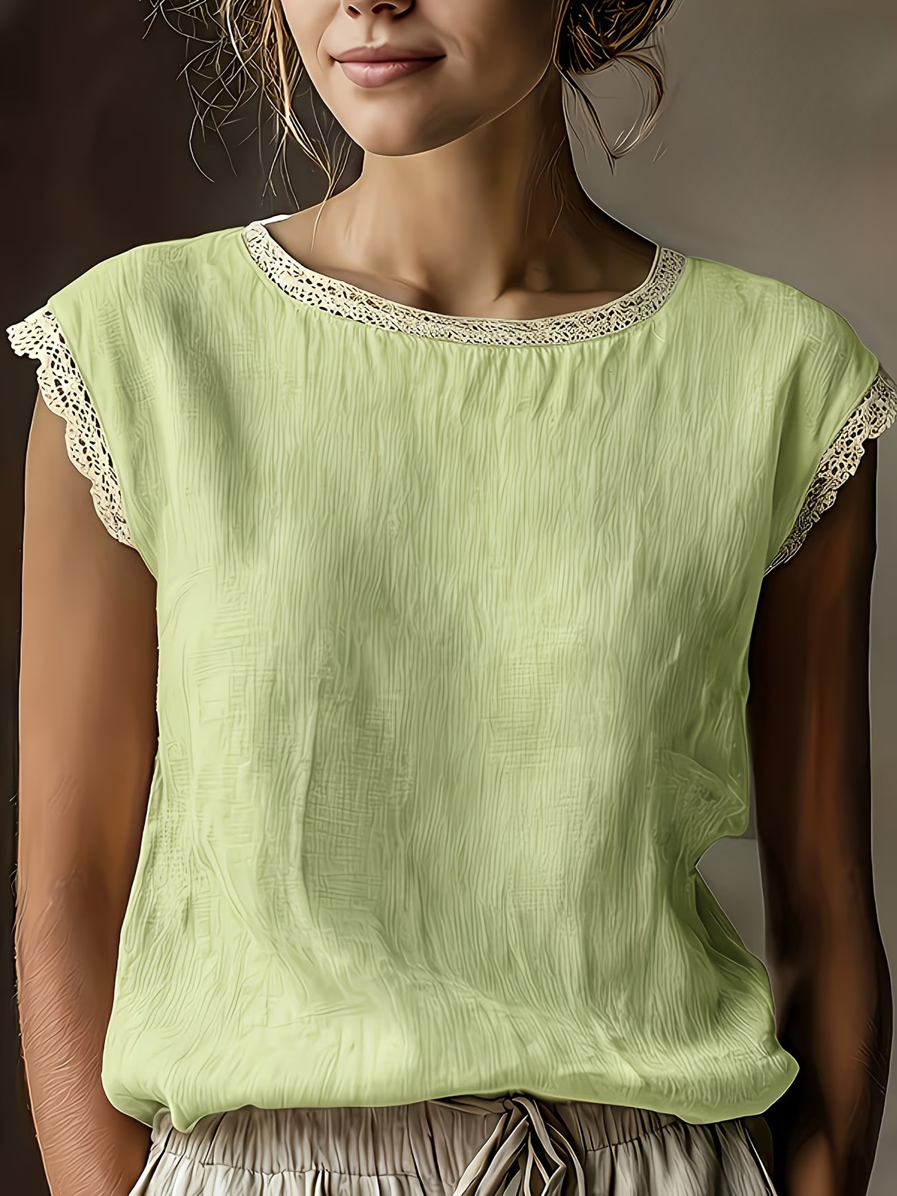 Women's Loose Linen-Blend Round Neck Lace-Trim Sleeveless Shirt