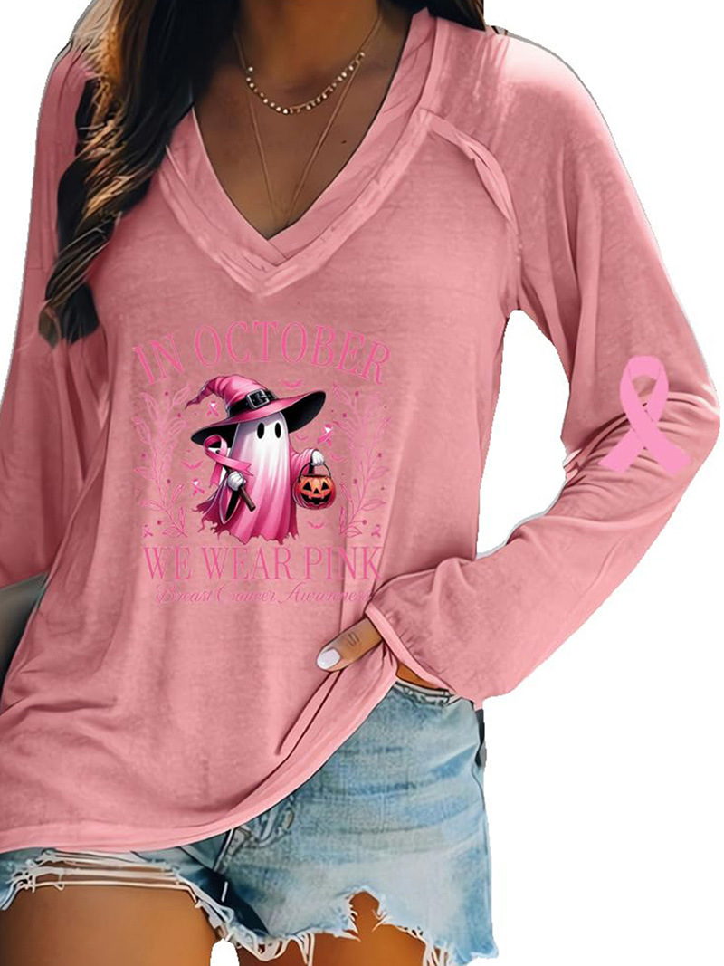 Women's V-Neck Long-Sleeve Halloween Pumpkin Ghost Ribbon Print T-Shirt